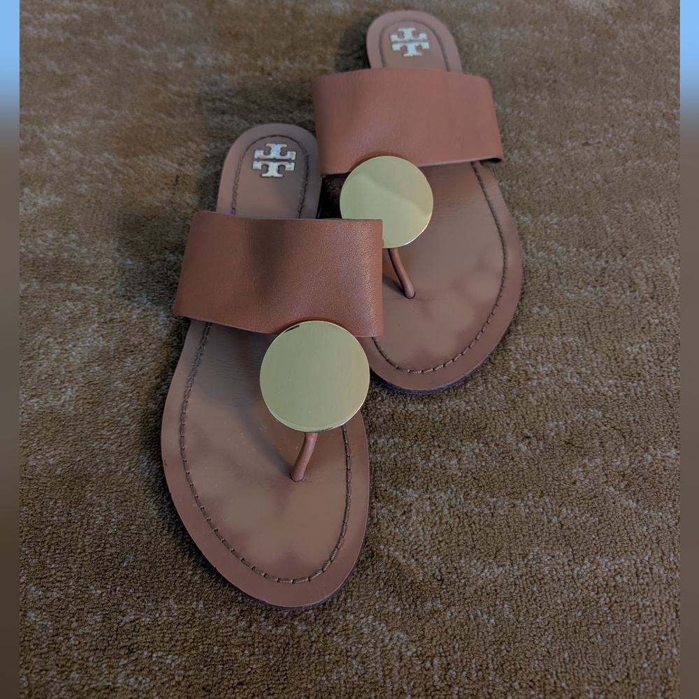 Tory Burch Platos Gold Disc Brown All Leather Sandals 9M